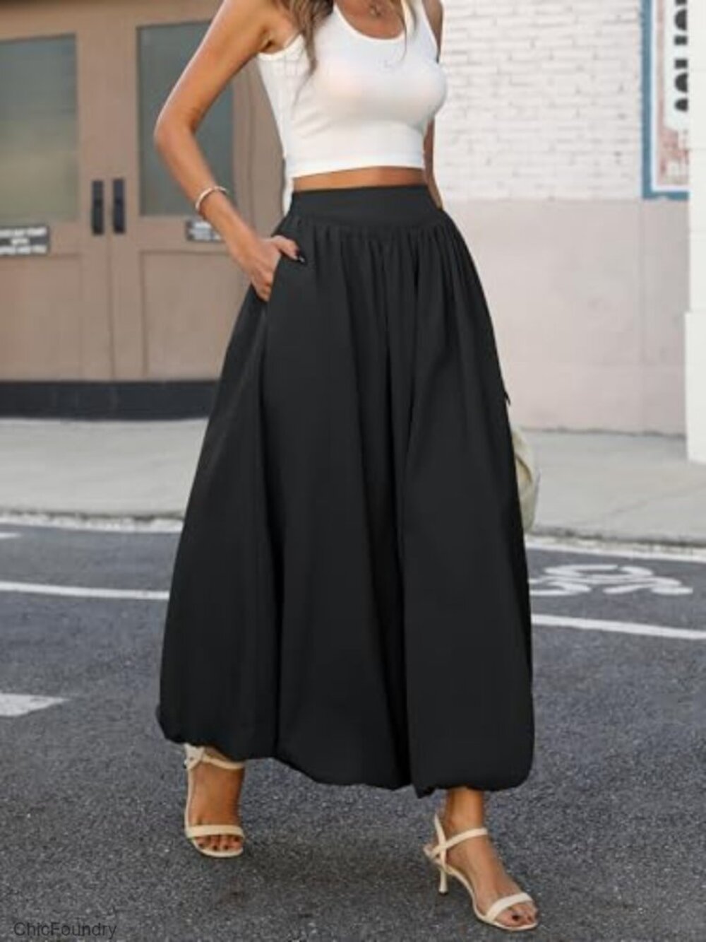 Maxi Skirt with Pockets, Elastic Waist, A-Line Bubble Hem, Polyester Blend - Picture 2 of 7